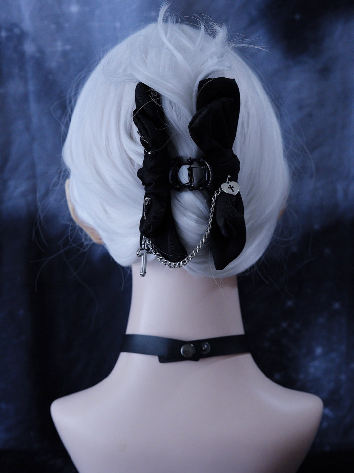 Gothic Pins Decorated Black Bow Claw Clip with Cross Chain