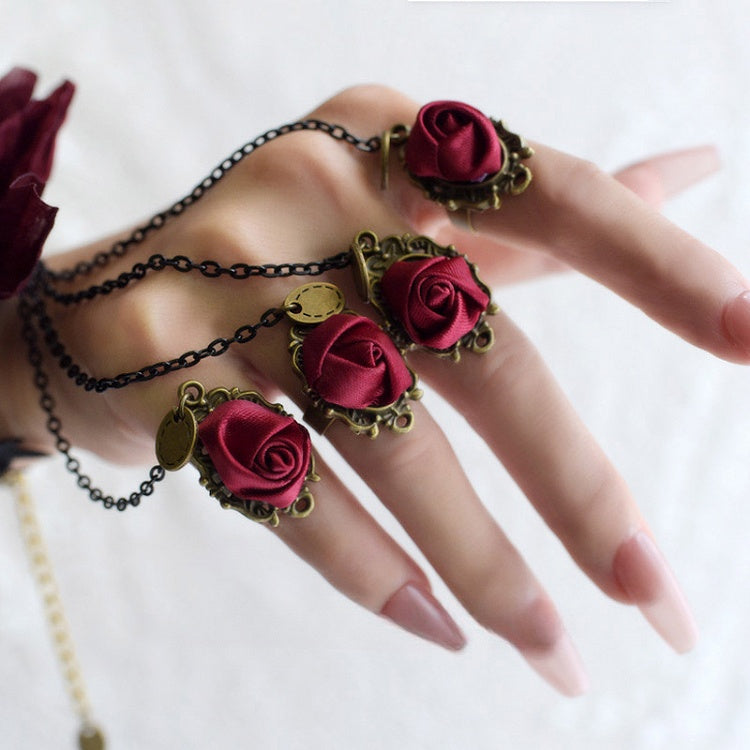 Gothic Lolita Wine Red Rosette Bracelet with Chain
