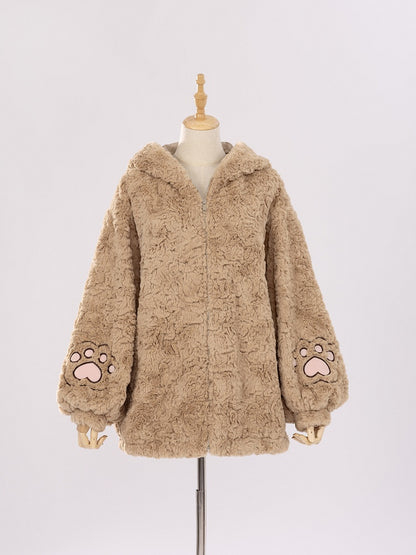Brown Fluffy Teddy Bear Jacket with Ears Hood for Girls/Women