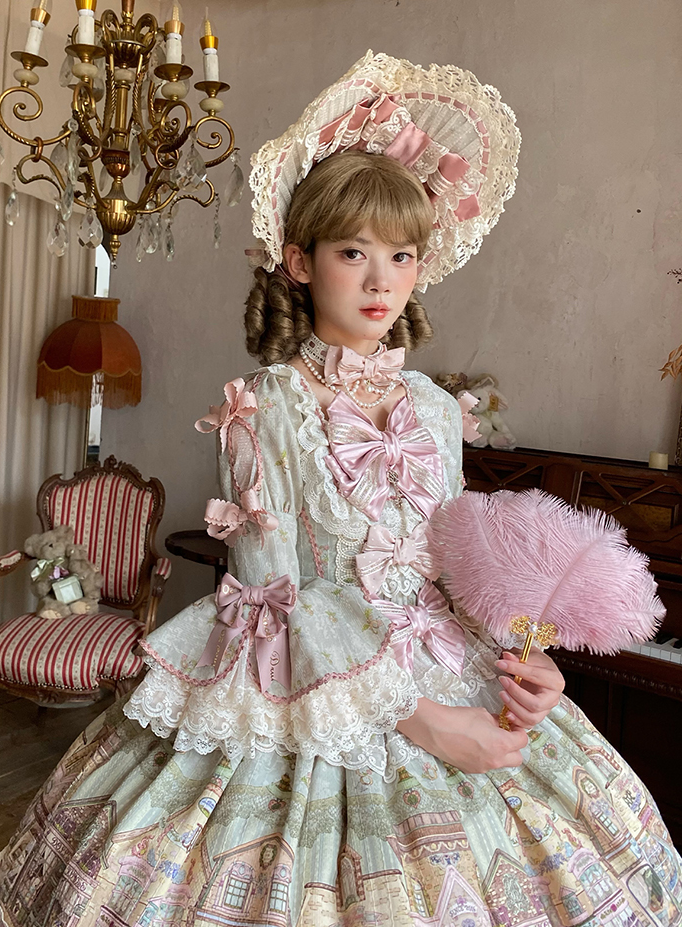 Fairytale Town Theme Green Square Neckline Sweet Lolita Dress with Bow Accents