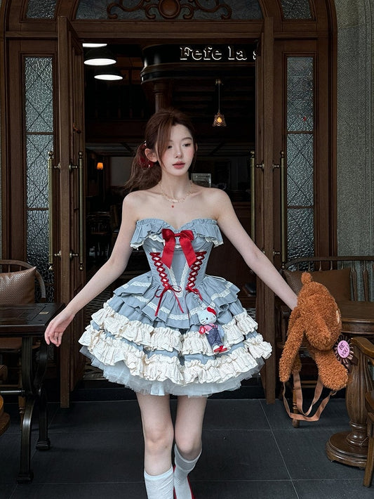 Blue Sweet Lolita Lace-up Boned Corset Top + Skirt + Bolero Full Set