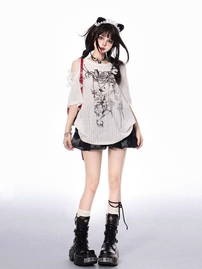 White Self-tie Lace Straps Cutout Shoulder T-shirt Loose Graphic Coverup