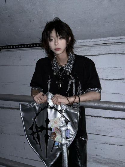 Y2K T-Shirt with Leopard Patchwork and Cross Print