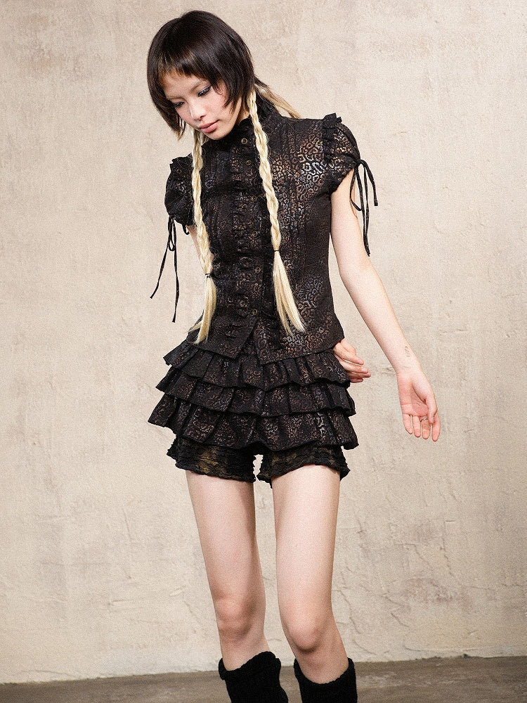 Gyaru Fashion Black Punk Leopard Print Low-Rise Skort with Ruffle Layers & Elastic Waist