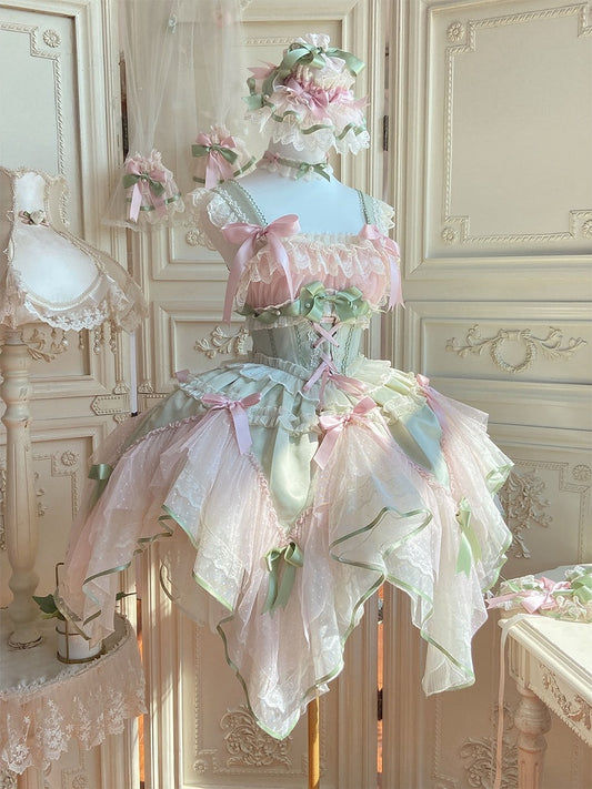 Pink and Green Basque Waist Fairycore Lolita Jumper Skirt with Layered Handkerchief Hem