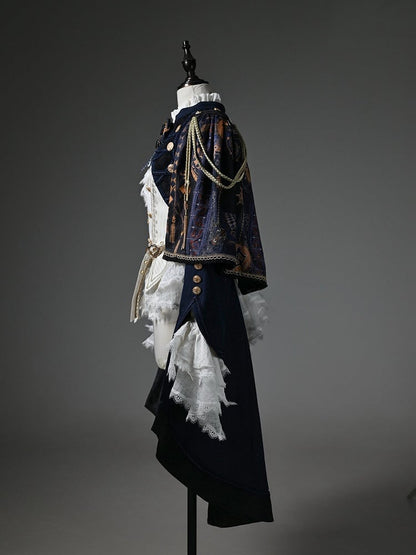 Ouji Fashion Lolita Knight Outfit - White Long Sleeves Top + Dark Blue One-shoulder Cape Tailcoat