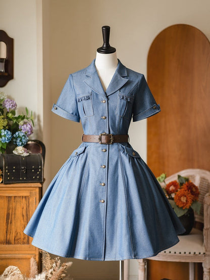 Retro-Style Notched Lapel Short Sleeves Denim Dress with Brown Belt