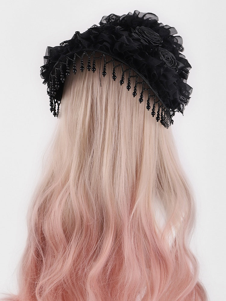 Rosette Design Gothic Black Beads Tassels Halloween Hat