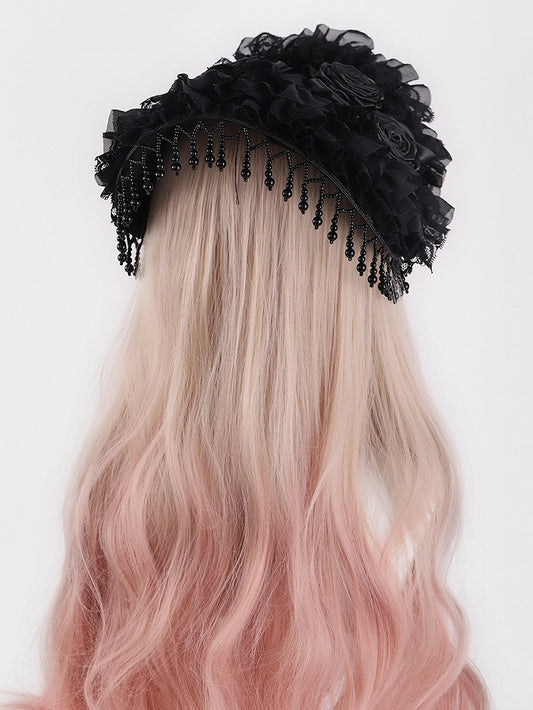 Rosette Design Gothic Black Beads Tassels Halloween Hat