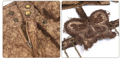 Sand Brown Wasteland Punk Denim Hot Shorts with Butterfly Garter and Tassel Belt