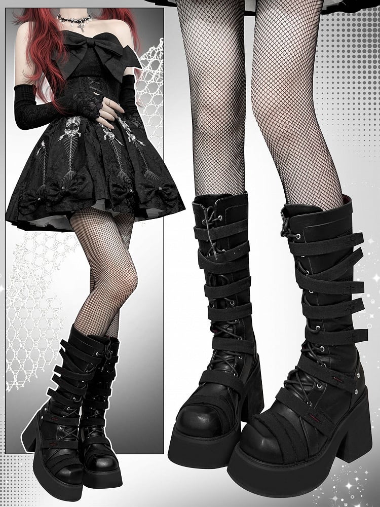 Crosses Gothic Black Platform Bandage Boots