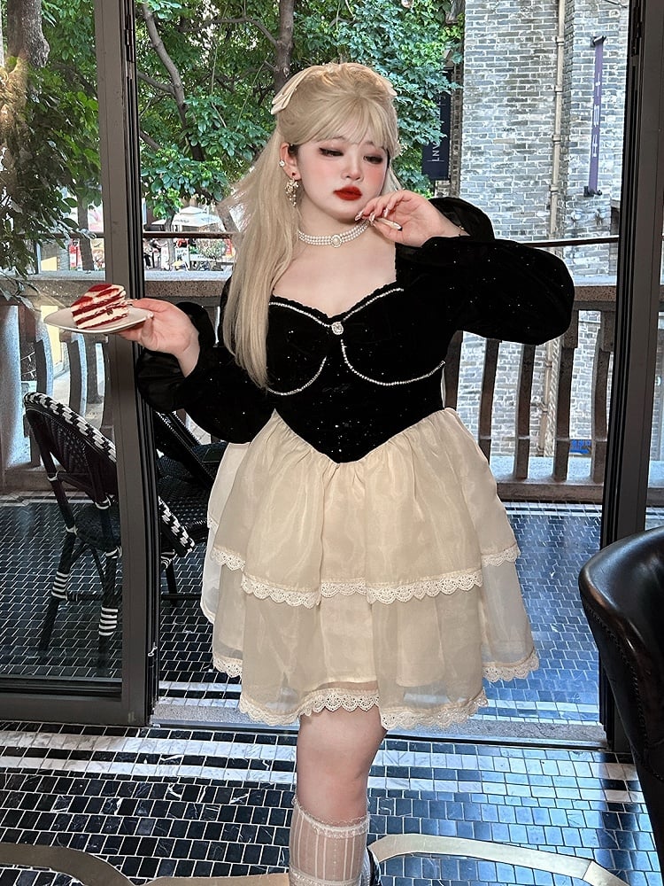 Plus Size Bowknot Details Black and White Basque Waist Sweet Dress