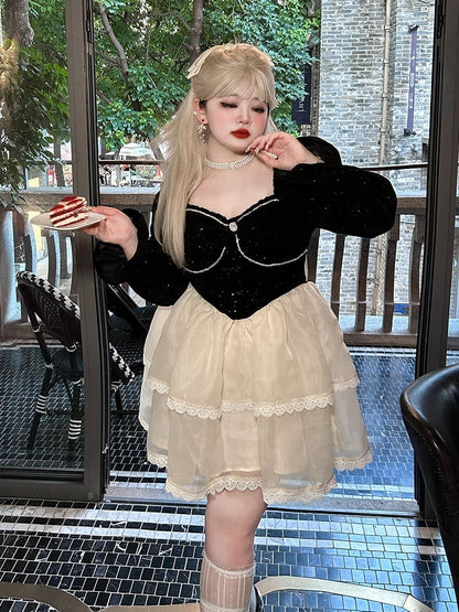 Plus Size Bowknot Details Black and White Basque Waist Sweet Dress