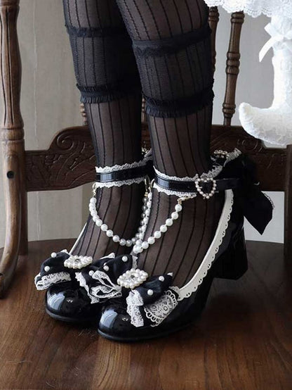 Black Beaded And Rhinestone Decorated Bow at Top Lace Trim Mary Janes With Detachable Beaded Chain