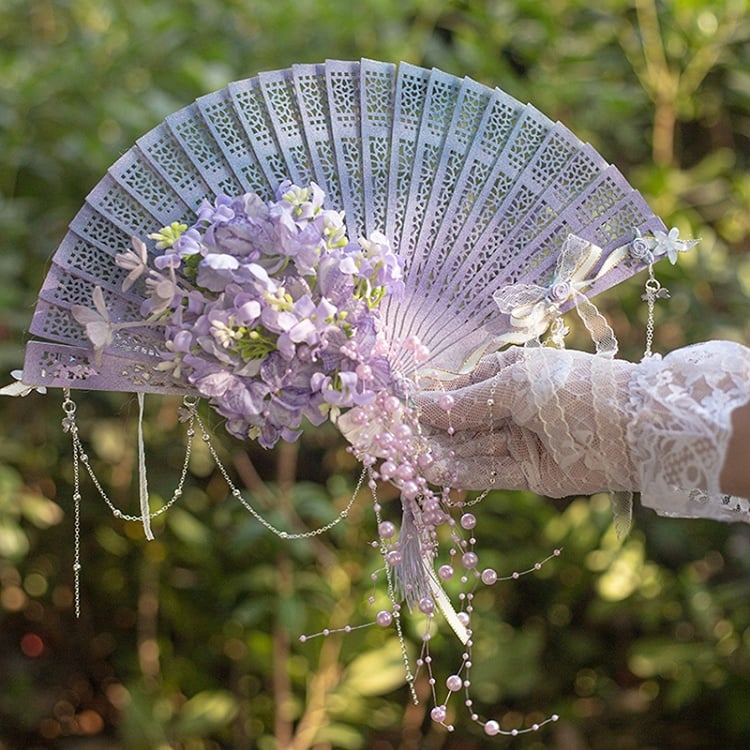 Purple/Green/Pink/Yellow Beaded Charm Floral Design Folding Fan