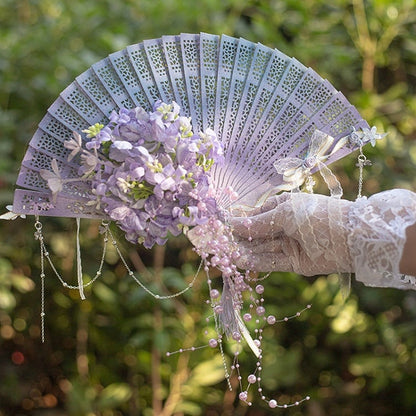 Purple/Green/Pink/Yellow Beaded Charm Floral Design Folding Fan