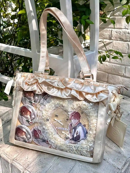 Yellow Satin Ruffle Trims Self-tie Straps Ita Bag With Bow Card Holder