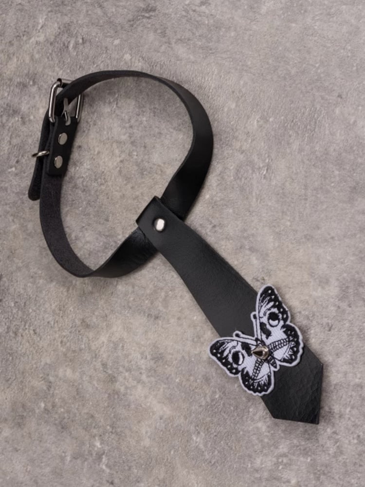 Black Gothic Butterfly Applique Studs Decorated Tie PU Choker
