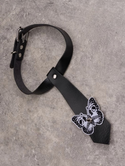 Black Gothic Butterfly Applique Studs Decorated Tie PU Choker