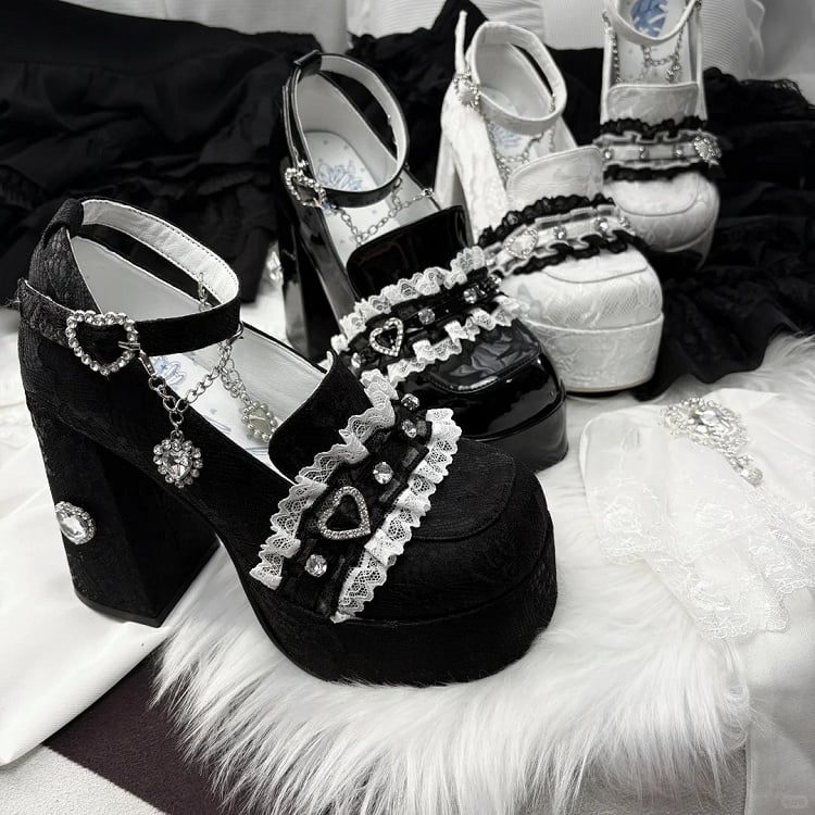 Jirai Kei Black Lace Platform Heels: 12cm Chunky Block Heel with Heart Rhinestone Chain & Buckle Ankle Strap