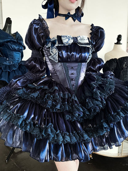Dark Blue Basque Waist Tiered Sweet Lolita Balletcore Dress with Lace Accents
