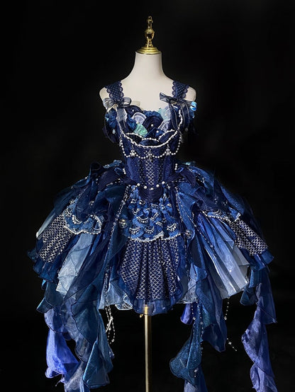 Deep Sea Blue Corset Waist Princess Lolita Beads and Sequins Detail Cascading Ruffle Accents Fairy Layered Dress