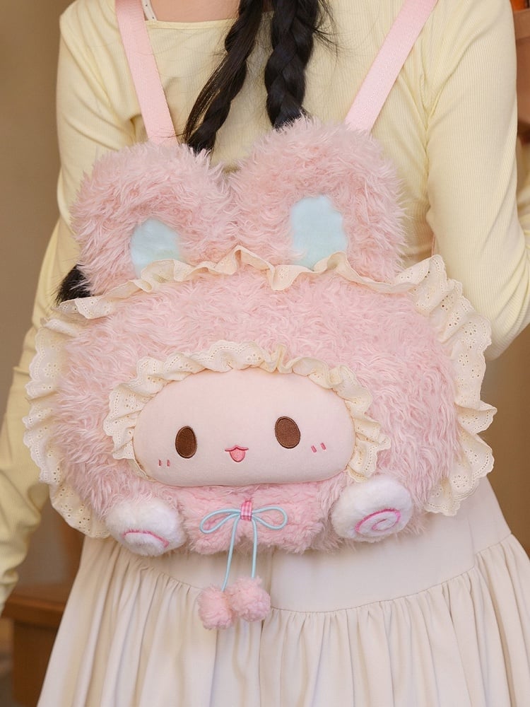 Pink Rabbit-shaped Lace Trim Plush Backpack