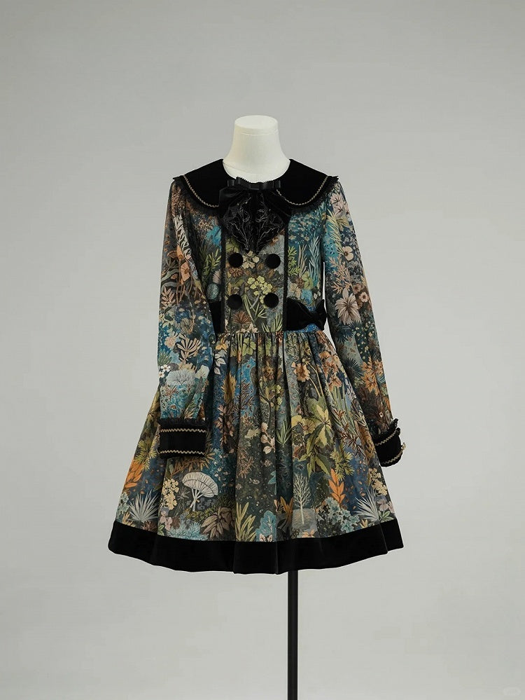 Green & Blue Floral Print Long-Sleeve Elegant Classic Lolita Dress with Black Collar and Cuffs