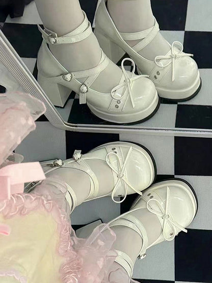 Bowknot at Top White High Block Heel Platform Mary Janes