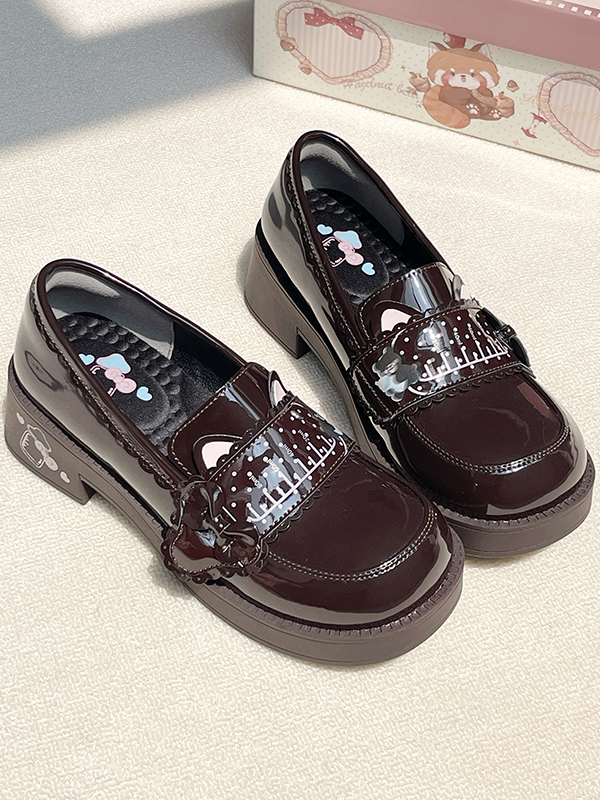 PU Brown Preppy Style Mid-heel Shoes - Milk Bottle Print with Slip-On Design & Cat Ear Accents