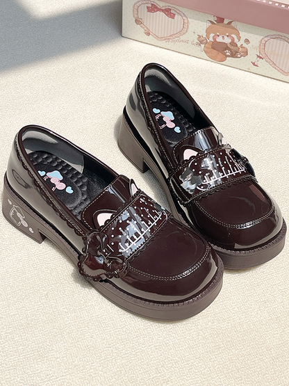 PU Brown Preppy Style Mid-heel Shoes - Milk Bottle Print with Slip-On Design & Cat Ear Accents