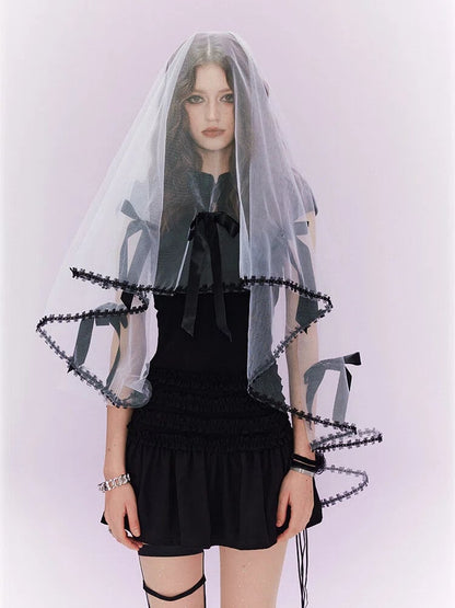 Black / White Cheongsam Dress with Organza Applique Cross Embroidery