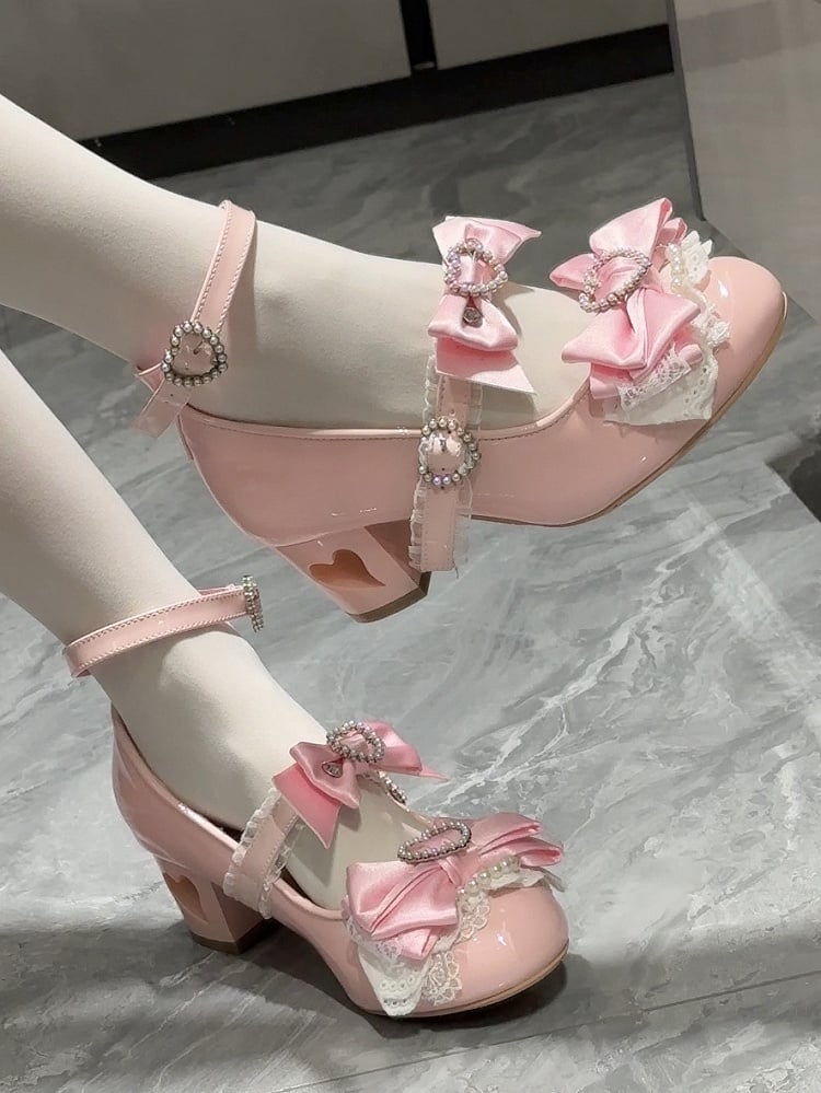 Pink Bow at Top Heart Cut-out Heels Mary Janes