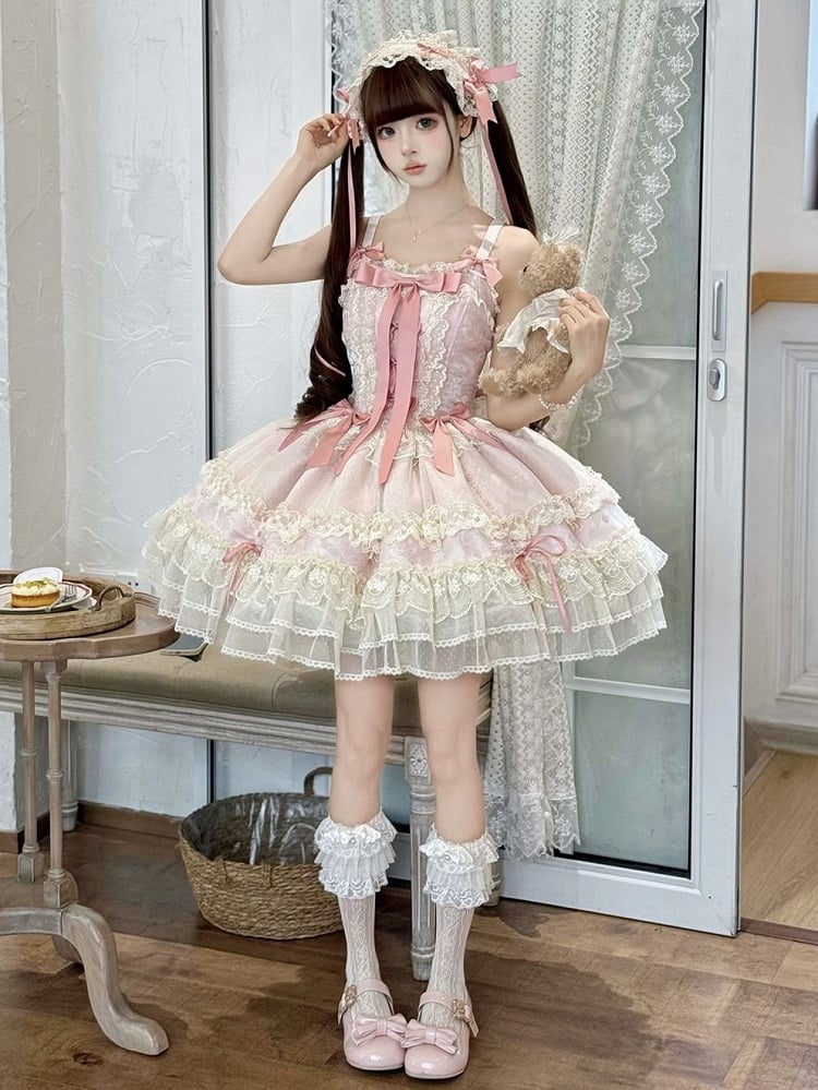 Pink Balletcore Lolita Dress Bowknots Decorated Sweet Jumper Skirt