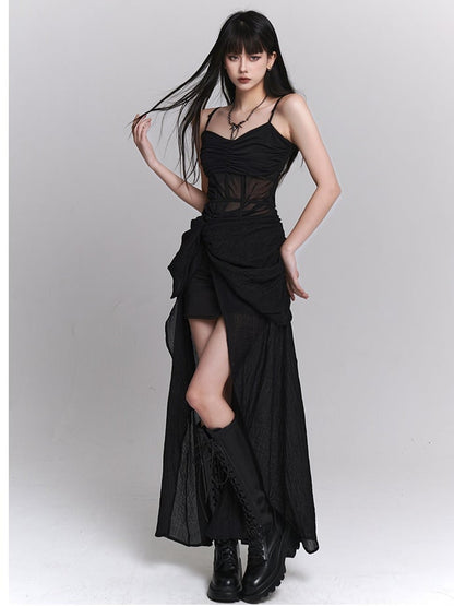 Gothic Black Twist Detail Slit Slip Dress
