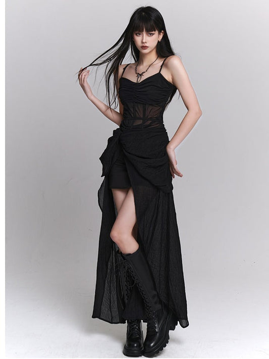 Gothic Black Twist Detail Slit Slip Dress