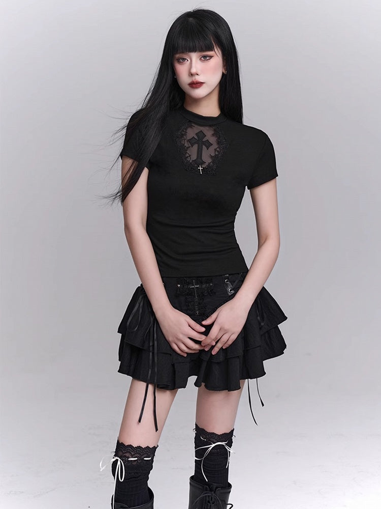 Black Coffin-shaped Cutout Cross Applique T-Shirt