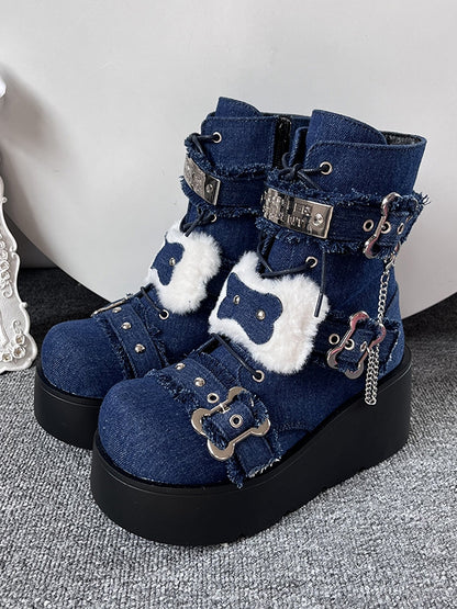Buckle Straps Plush Bone Decorated Denim Blue Punk Platform Boots