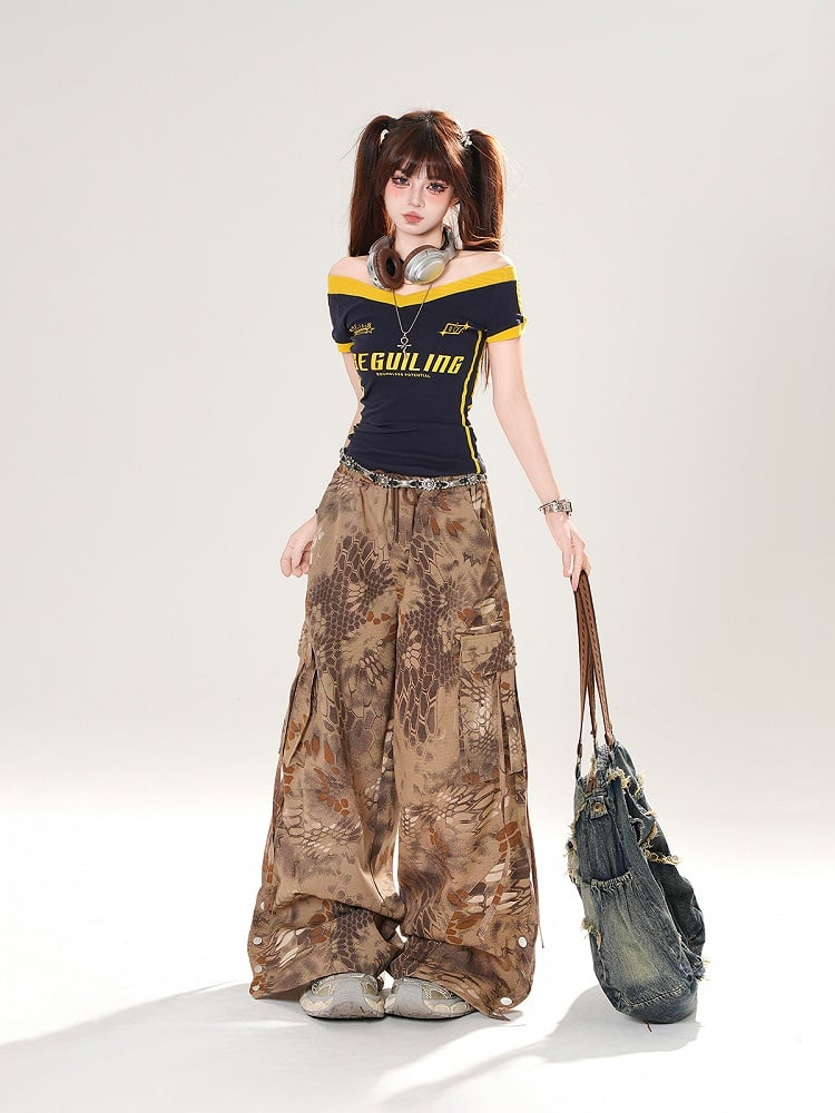 Navy Blue/Army Green Off-the-shoulder Neckline Letter Print T-shirt