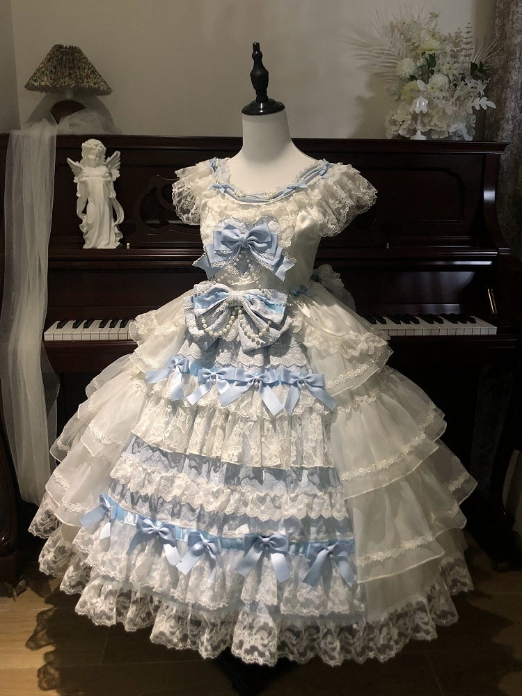 White and Blue Hanayome Bows Decoration Tiered Skirt Hime Dress Lolita JSK Full Set