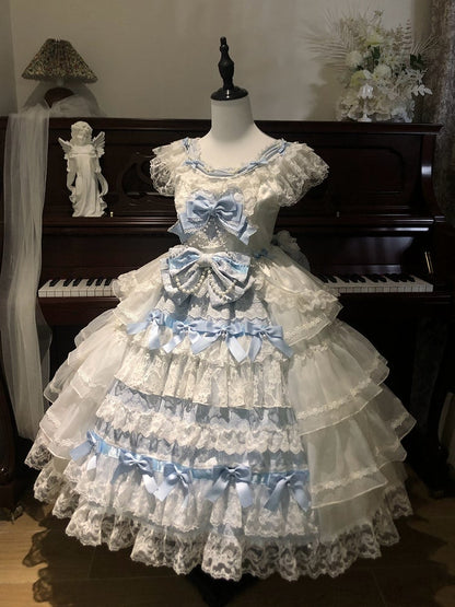 White and Blue Hanayome Bows Decoration Tiered Skirt Hime Dress Lolita JSK Full Set