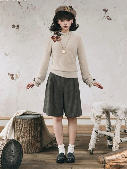 Maple Leaf Embroidery Neckline Bowknot on Cuffs Khaki Autumn Knit Top