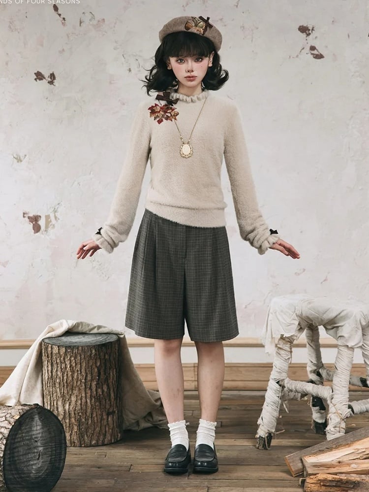 Maple Leaf Embroidery Neckline Bowknot on Cuffs Khaki Autumn Knit Top