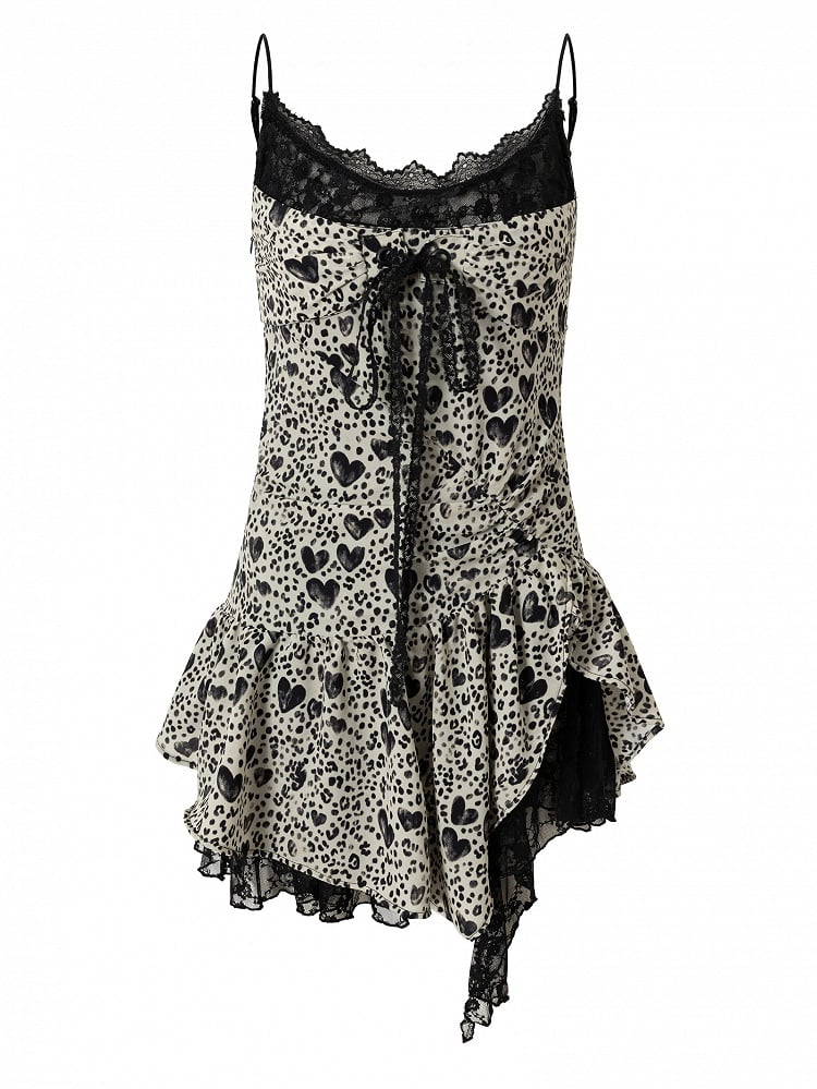 Black&White Glamorous Self-tie Strap Lace Trim Heart Print Asymmetrical Hem Cami Dress