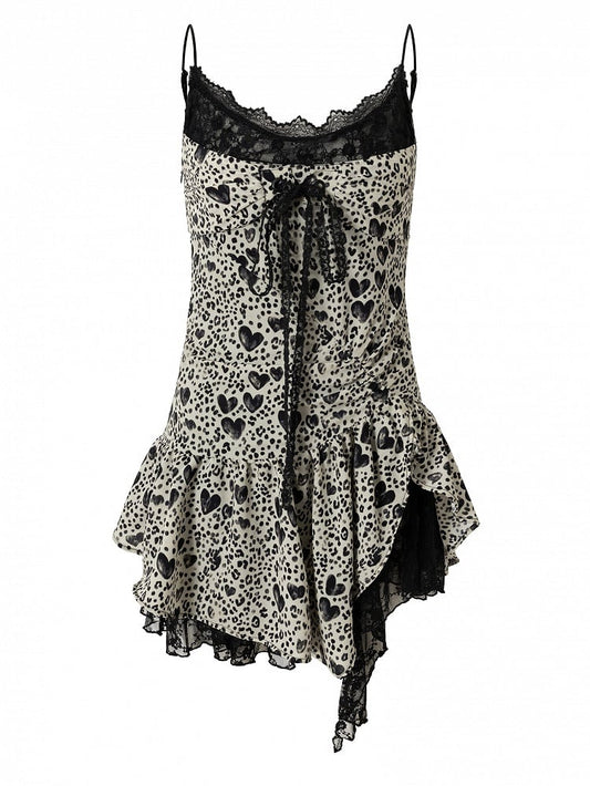 Black&White Glamorous Self-tie Strap Lace Trim Heart Print Asymmetrical Hem Cami Dress