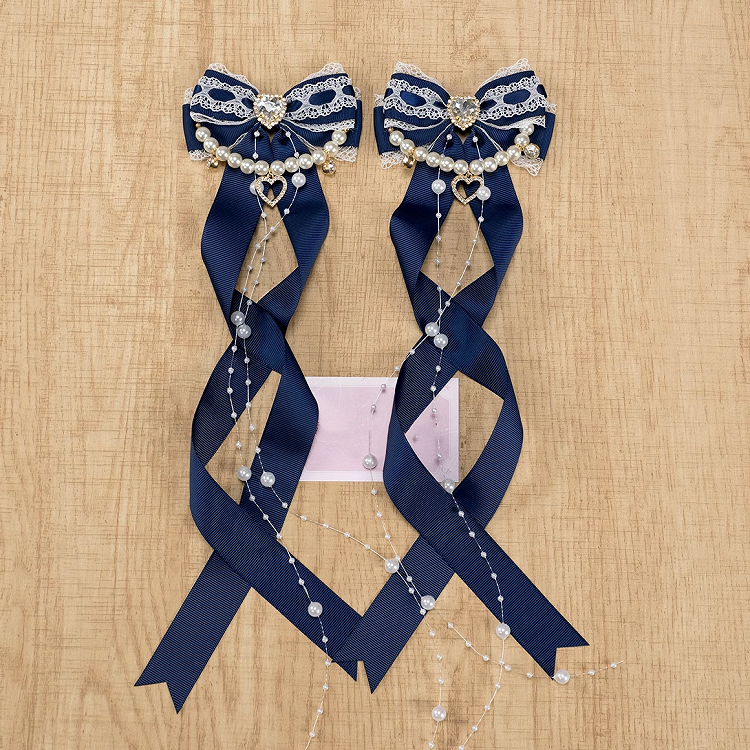 5 Colors Jirai Kei Heart Rhinestone Bow Hairclips with Beaded Chains