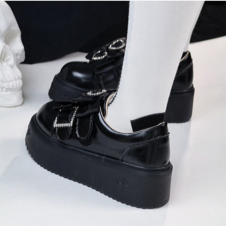 Black Jirai Kei Slip-on Platforms with Rhinestone Heart Decor & Bow Accents in Thicken/Regular Version