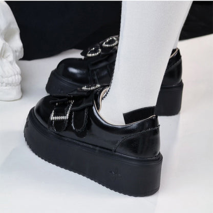 Black Jirai Kei Slip-on Platforms with Rhinestone Heart Decor & Bow Accents in Thicken/Regular Version