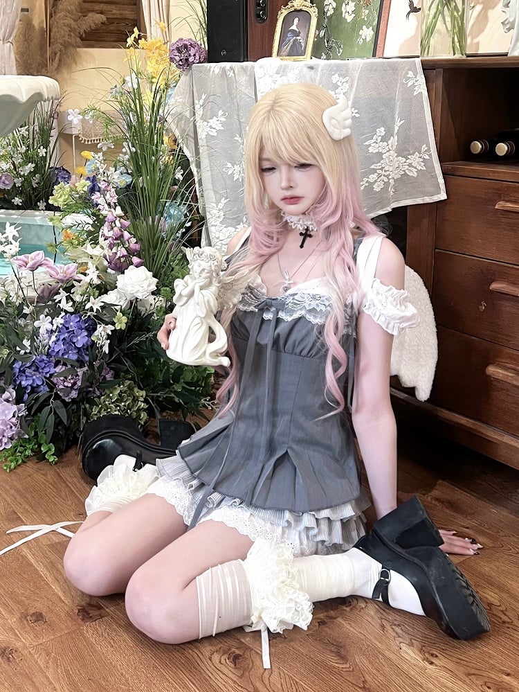 Gray Lace-Trim Cami Top with Bow Detail