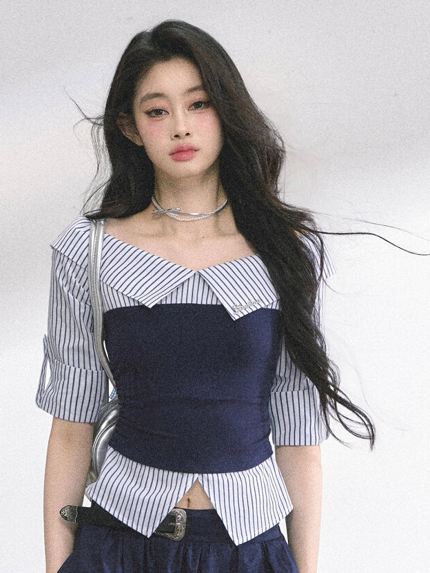 Off-the-shoulder Neckline Foldover Collar Gray/Navy Blue Striped Shirt